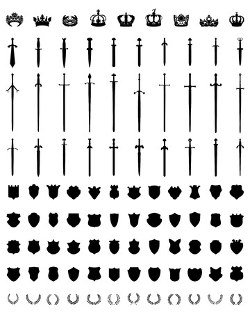 Black silhouettes of crowns, shields, swords and wreathsのイラスト素材