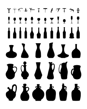 Silhouettes of bowls, bottles, glasses and corkscrewのイラスト素材
