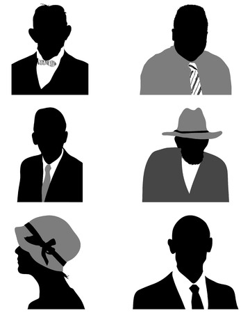 Black silhouettes of different avatars on a white backgroundのイラスト素材