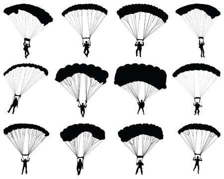 Black silhouettes of a paragliders on a white backgroundのイラスト素材