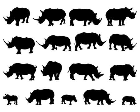Black silhouettes of rhinos on a white backgroundのイラスト素材