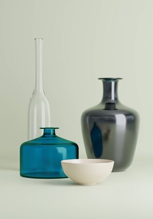 blue glass bottle and other tableware with reflection 3D CG illustrationの写真素材