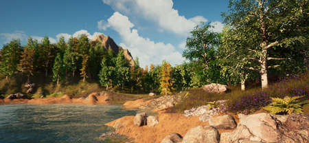 spring landscape on the edge of the lake 3D rendering illustrationの写真素材