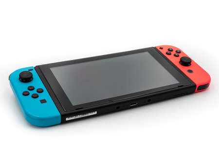 Fukuoka, Japan - June 23, 2019: Nintendo Switch portable console isolated on white backgroundのeditorial素材