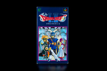 Fukuoka, Japan - september 13, 2021 : Dragon Quest I & II remake for the nintendo Super Famicom by Enix software released in 1993 in japan isolated on black backgroundのeditorial素材