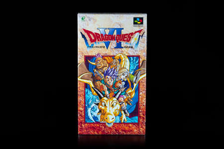 Fukuoka, Japan - september 13, 2021 : Nintendo Super Famicom famous RPG game Dragonquest VI by Enix software released in 1995 in japan isolated on black backgroundのeditorial素材
