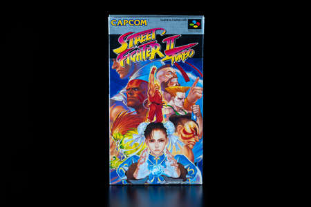 Fukuoka, Japan - september 13, 2021 : street fighter 2 turbo japanese version released in 1992 for nintendo super famicom isolated on black backgroundのeditorial素材