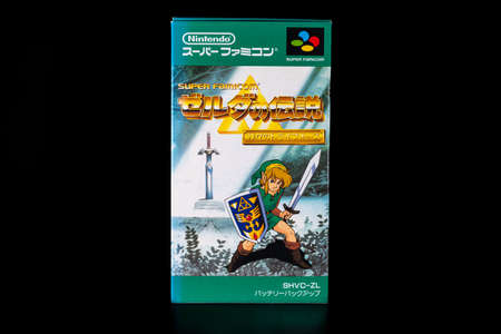 Fukuoka, Japan - september 13, 2021 : The Legend of Zelda A Link to the Past released in 1991 for nintendo super famicom isolated on black backgroundのeditorial素材