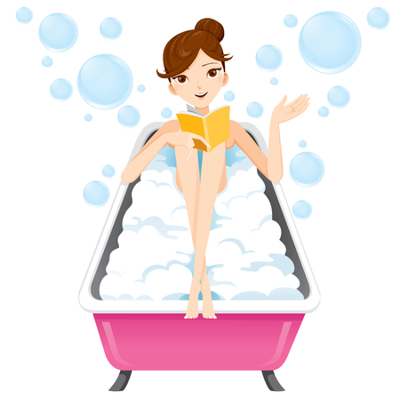 Woman Reading Book In Bathtub, Body, Beauty, Spa, Health, Lifestyle, Relaxのイラスト素材
