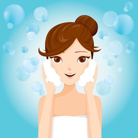 Young Woman Washing Face With Foam , Facial, Beauty, Cosmetic, Makeup, Health, Lifestyleのイラスト素材