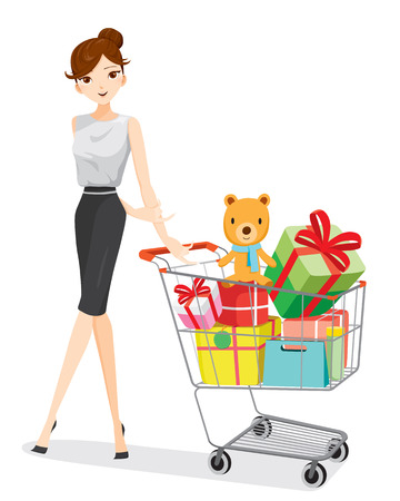 Woman and shopping cart full of gifts, goods, food, beverage, beauty, lifestyleのイラスト素材