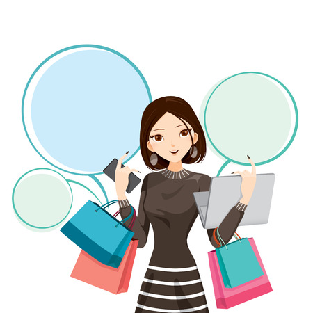 Woman holding notebook, smartphone and shopping bags, goods, food, beverage, beauty, lifestyleのイラスト素材