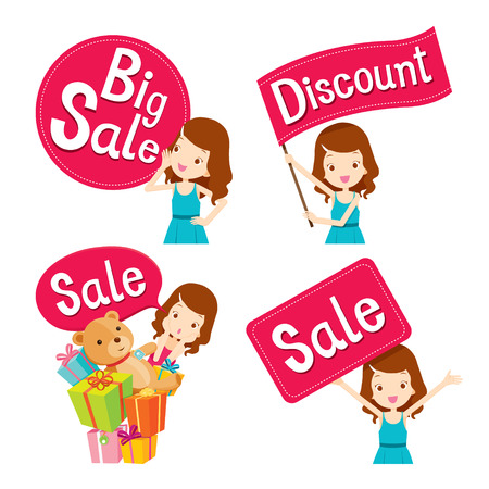 Cute girl with sale banners set, goods, food, beverage, beauty, lifestyleのイラスト素材