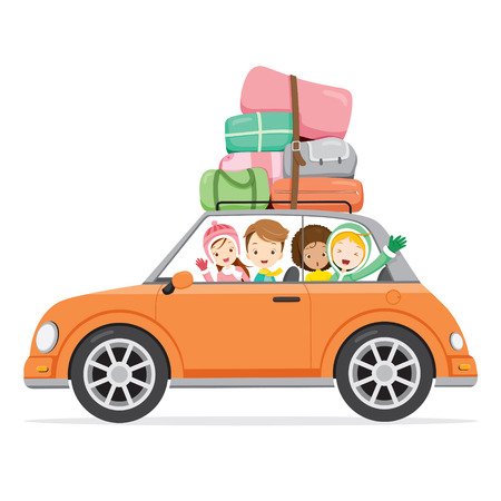 Boy And Girls Driving Car To Travel, Activity, Travel, Winter, Season, Vacationのイラスト素材
