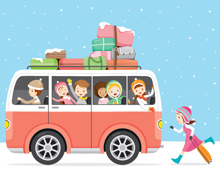 Children Happy To Travel By Bus, Activity, Travel, Winter, Season, Vacationのイラスト素材