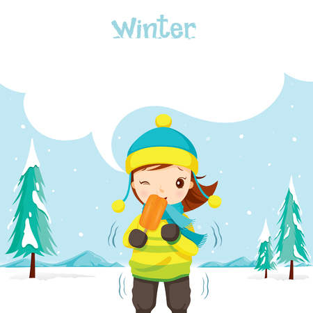 Girl Eating Ice Cream, Activity, Travel, Winter, Season, Vacation, holiday, Nature, Objectのイラスト素材