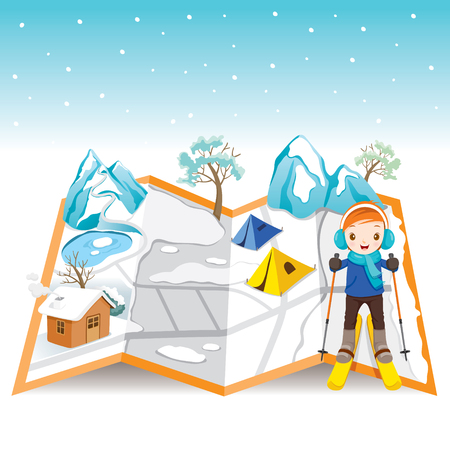 Boy Skiing On Map With Winter Landscape, Activity, Travel, Winter, Season, Vacation, holiday, Nature, Objectのイラスト素材