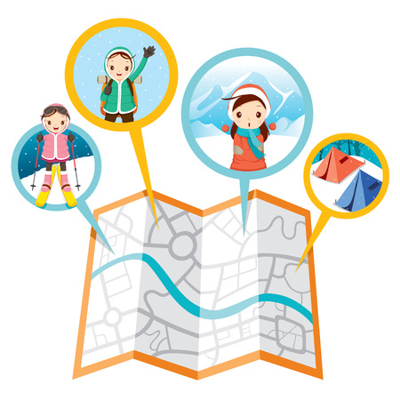 Girl With Activities In Winter And Map, Activity, Travel, Winter, Season, Vacation, holiday, Nature, Objectのイラスト素材