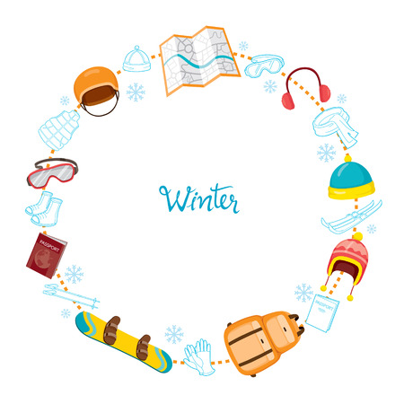 Winter Equipment Icons On Round Frame Set, Equipment, Winter, Season, Vacation, holiday, Object, Activity, Travelのイラスト素材