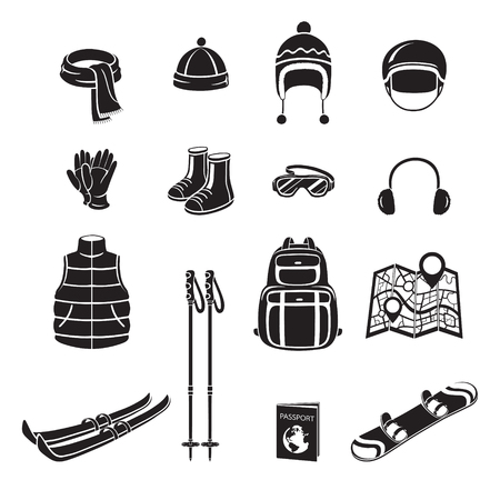 Winter Equipment Monochrome Icons Set, Equipment, Winter, Season, Vacation, holiday, Object, Activity, Travelのイラスト素材