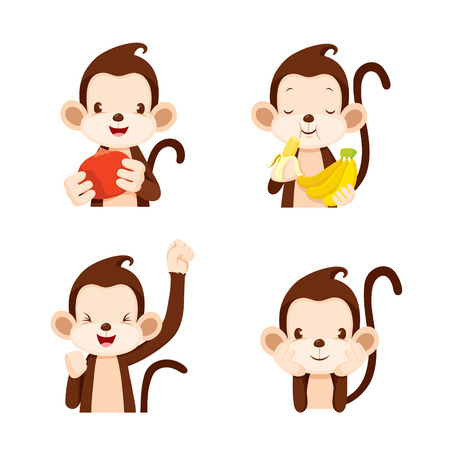 Monkey Actions Set, Animal, Action, Eating, Food, Objectsのイラスト素材