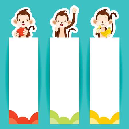 Monkey With Banners Set, Animal, Action, Eating, Food, Objectsのイラスト素材