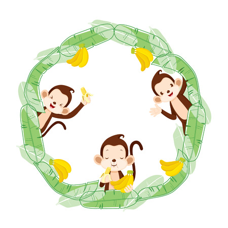 Monkey And Banana On Circle Frame, Animal, Celebration, Festive, Aniversaryのイラスト素材
