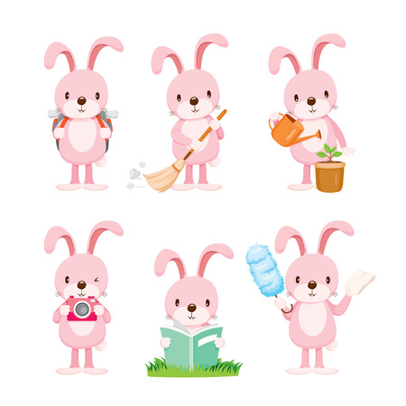 Pink Rabbit Actions Set, Housework, Appliance, Domestic Tools, Computer Icon, Cleaning, Symbol, Icon Set, Spring Seasonのイラスト素材