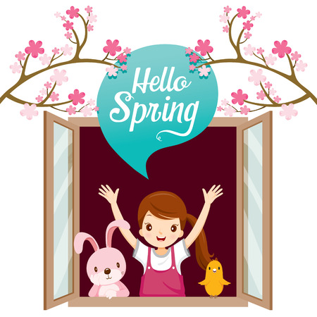 Girl, Rabbit And Bird Happy On Window, Spring Season, Nature, Children, Animal, Flowerのイラスト素材