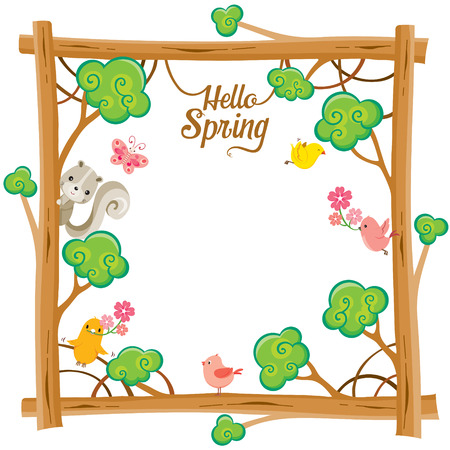 Tree With Animal On Square  Frame, Spring Season, Lettering, Frame, Border, Animal, Natureのイラスト素材