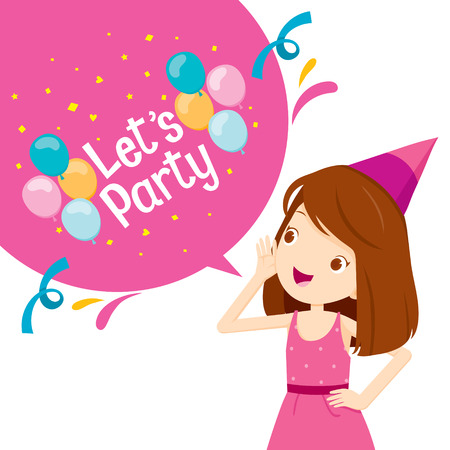 Girl Shouting And Speech Bubble With Let's Party Letter, Party, Banquet, Feast, Celebration, Corporate Partyのイラスト素材