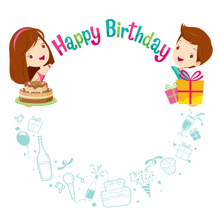 Boy, Girl And Icons With Birthday Circle Frame, Birthday Party, Banquet, Feast, Celebration, Giftのイラスト素材