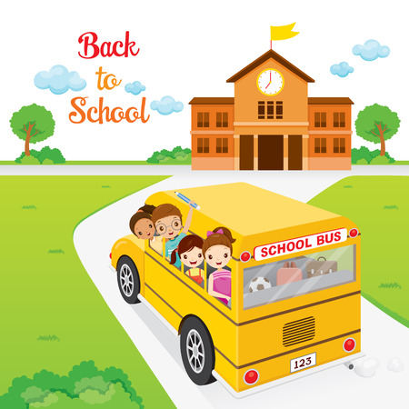 Children Going To School By School Bus , Back to school, Educational, Stationery, Book, Children, Knowledge, School Supplies, Educational Subjectのイラスト素材