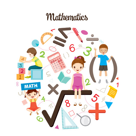 Children With Mathematics Formula, Number And Icons, Back to school, Educational, Stationery, Book, Children, Knowledge, School Supplies, Educational Subjectのイラスト素材