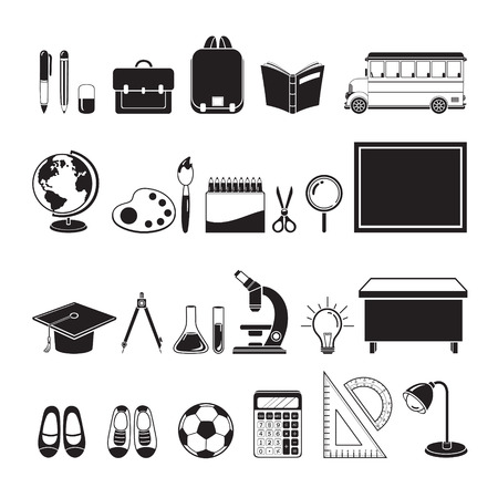 School Supplies Icons Set, Monochrome, Back to school, Educational, Stationery, Book, Children, School Supplies, Educational Subject, Objects, Iconsのイラスト素材