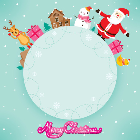 Santa Claus, Snowman And Reindeer On Circle Frame, Merry Christmas, Xmas, Happy New Year, Objects, Animals, Festive, Celebrationsのイラスト素材