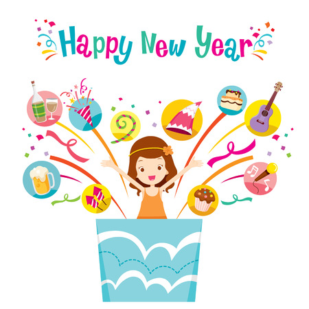 Girl In Gift Box With Party Objects Icons, Happy New Year, New Year's Eve, Merry Christmas, Xmas, Objects, Festive, Celebrationsのイラスト素材
