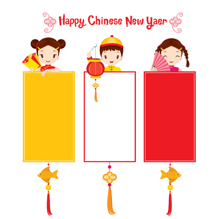 Children With Chinese New Year Banner Traditional Celebration