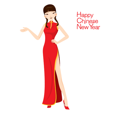 Beautiful Woman With Cheongsam, Traditional Celebration, China, Happy Chinese New Yearのイラスト素材