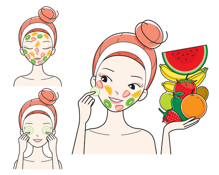 Young Woman With Fruits Facial Mask On Her Face, Treatment, Beauty, Cosmetic, Makeup, Healthy, Lifestyleのイラスト素材