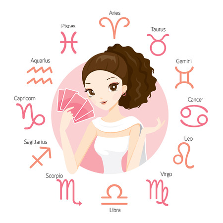 Woman Fortuneteller And Tarot Card With Zodiac Signs, Astrologer, Constellation, Western, Beauty, Cosmetic, Fashion, Paranormal, Soothsayer, Magic, Occult, Presage, Fate, Prophecyのイラスト素材