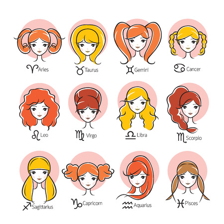 Woman With 12 Zodiac Signs Icons Set, Astrological, Constellation, Beauty, Western, Female, Fortunetelling, Lifestyleのイラスト素材