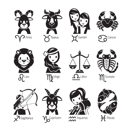 Zodiac Signs Icons Set, Monochrome, Astrological, Constellation, Western, Fortunetelling, Animalのイラスト素材