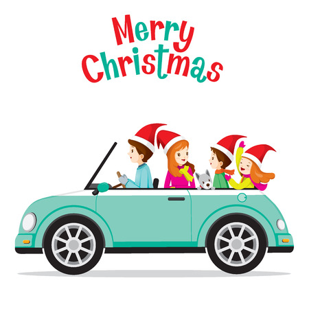 Father Driving Car With His Family, Merry Christmas, Xmas, Vacations, Holiday, Travel, Transportationのイラスト素材