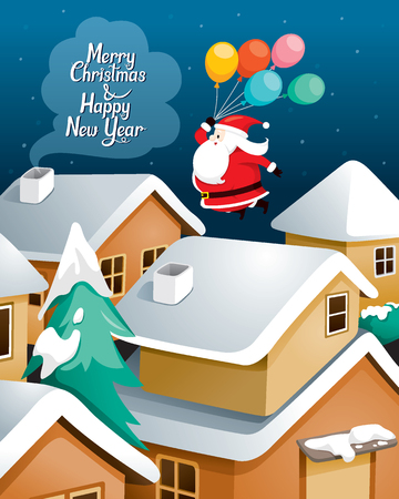 Santa Claus With Balloons Flying Over Village, Merry Christmas, Xmas, Happy New Year, Objects, Festive, Celebrations, Buildingのイラスト素材