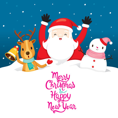 Santa Claus, Snowman And Reindeer On Snowdrift, Merry Christmas, Xmas, Happy New Year, Objects, Animals, Festive, Celebrationsのイラスト素材