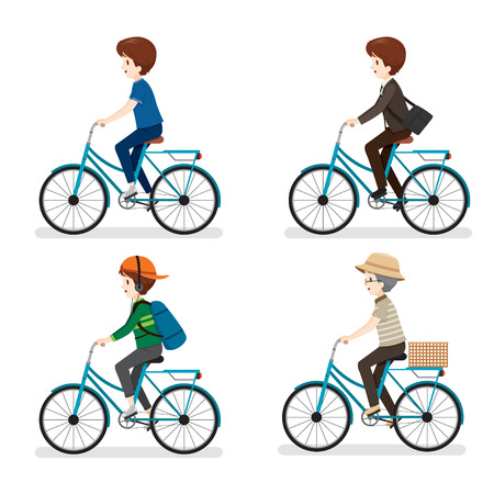 Set Of Man Riding Bicycle With Different Actions, Bicyclist, Healthy, Vehicle, Sport, Lifestyleのイラスト素材