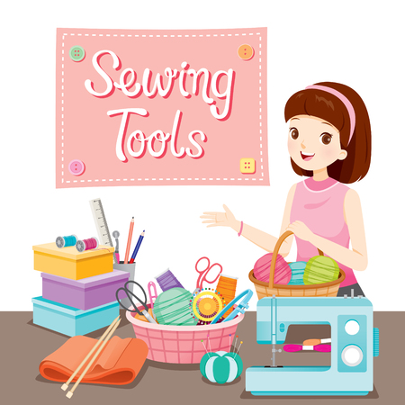 Woman With Knitting Wool In Basket And Sewing Kits Set, Needlework, Tailor, Handmade, Dressmaking, Housekeeper, Hobby, Profession, Occupationのイラスト素材