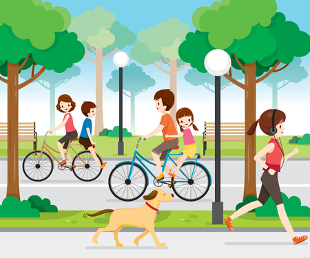 Family Riding Bicycle in Public Park, Vacations, Holiday, Travel Destination, Journey Trips, Transportation and Lifestyleのイラスト素材
