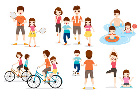 Set Of Family With Various Exercise And Sports Activities, Healthy, Physical Health, Daily Routine, Lifestyleのイラスト素材